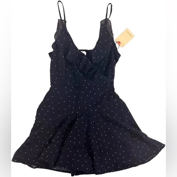 Japna Navy Blue White Polka Dot Romper Mini Dress - Picture 3 of 7